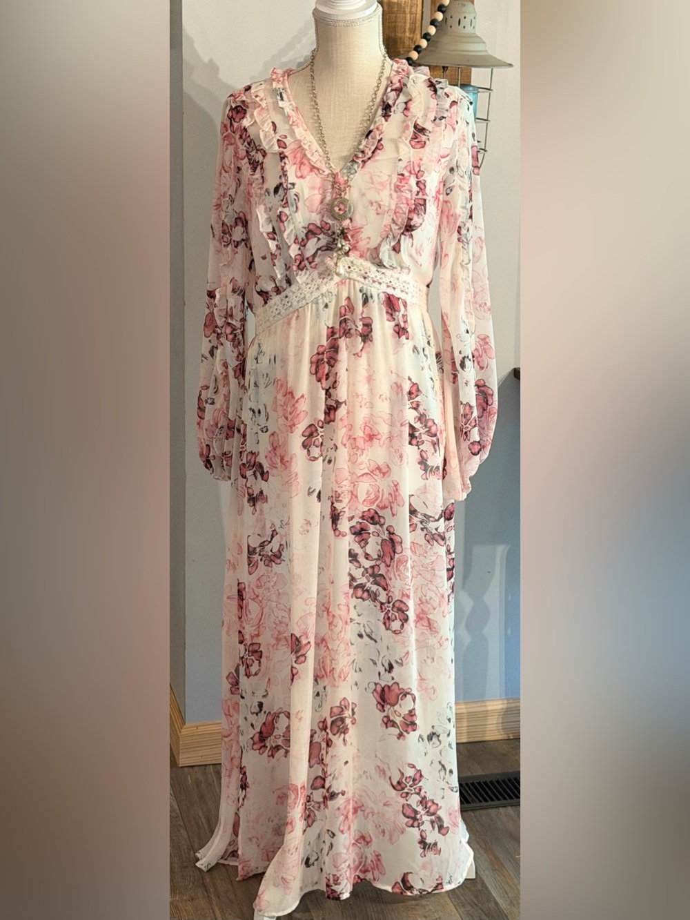 American Rag Pink and Cream Long Sleeve Floral Maxi Dress